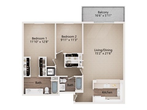 Floor plan for 2 beds, 2 baths, 1069 sqft